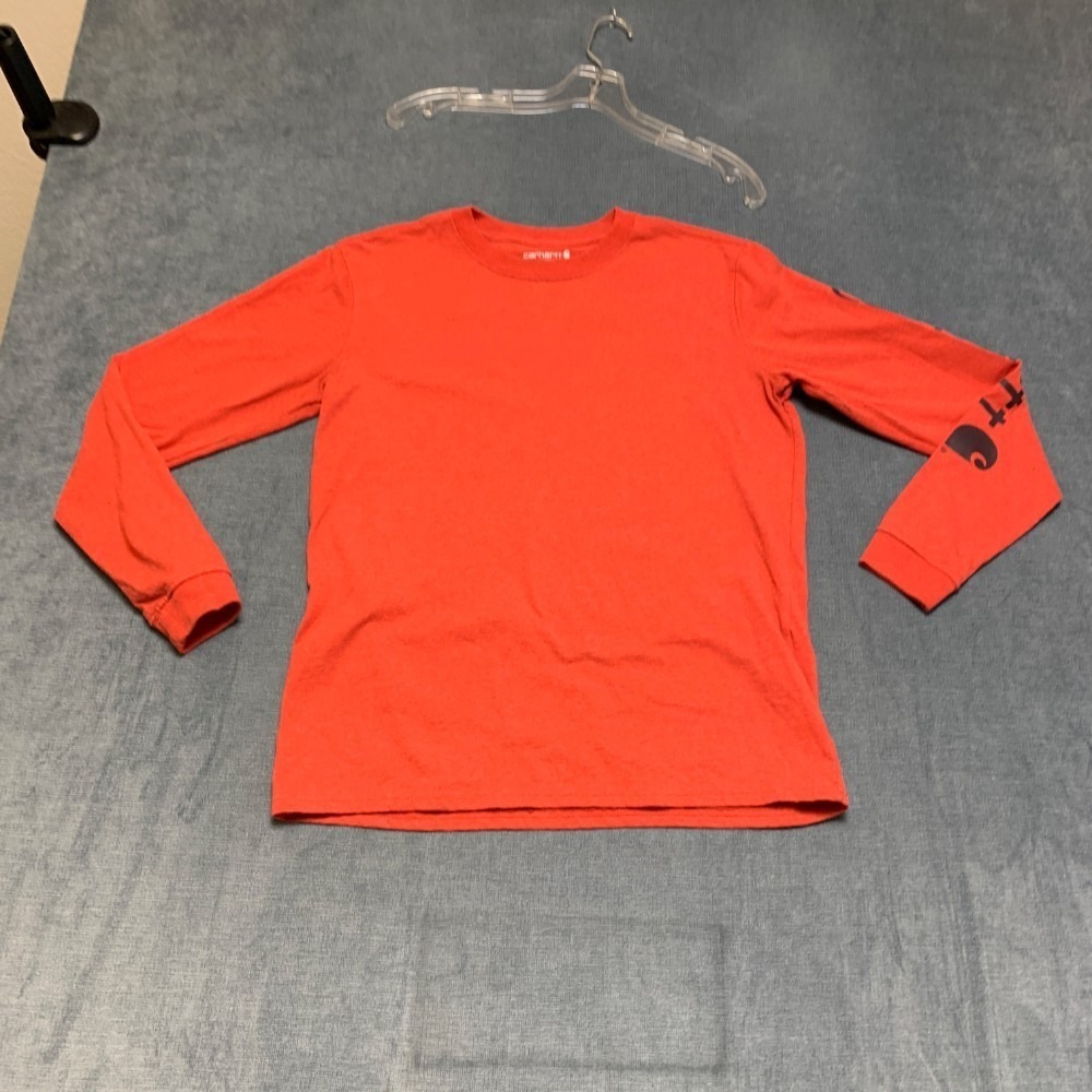 Carhartt Shirt Boys Small 4-6 Bright Orange Loose Fit Crew Neck Arm Logo Sleeve